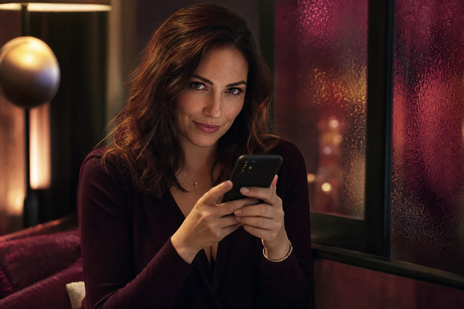 Erwachsene Frau mit Smartphone in einer eleganten Lichtstimmung als Symbol für einen neuen Telefonmoment
