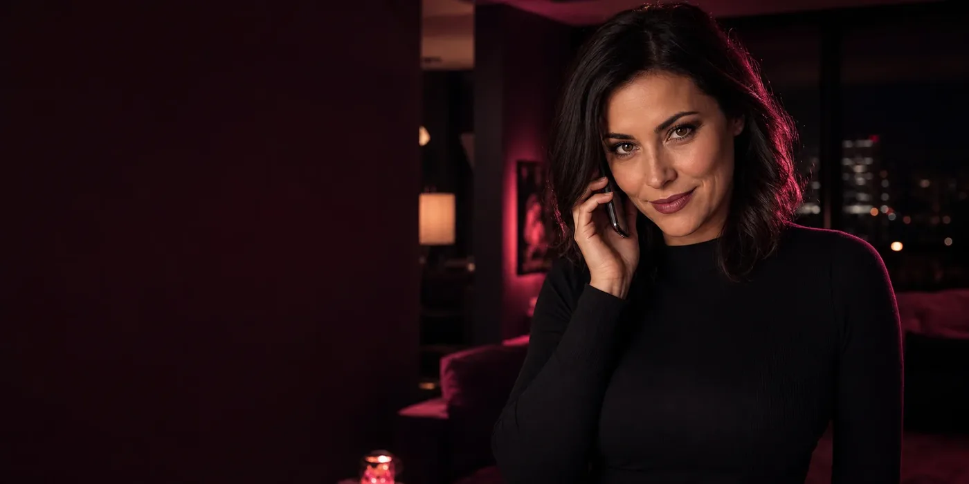 Erwachsene Frau mit direktem Blick beim privaten Telefonat am Abend